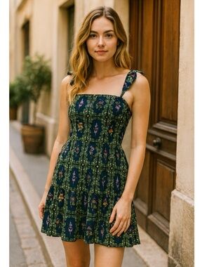 Agua Bendita x Target Navy Blue Green Floral Ruffle Tiered Mini Dress L NWT